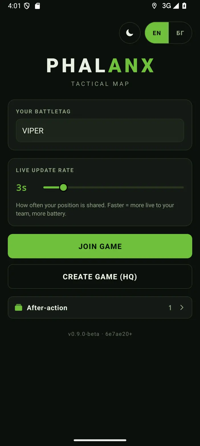 The start screen: your battletag, the live update rate slider, and two buttons - join a game or host as HQ.
