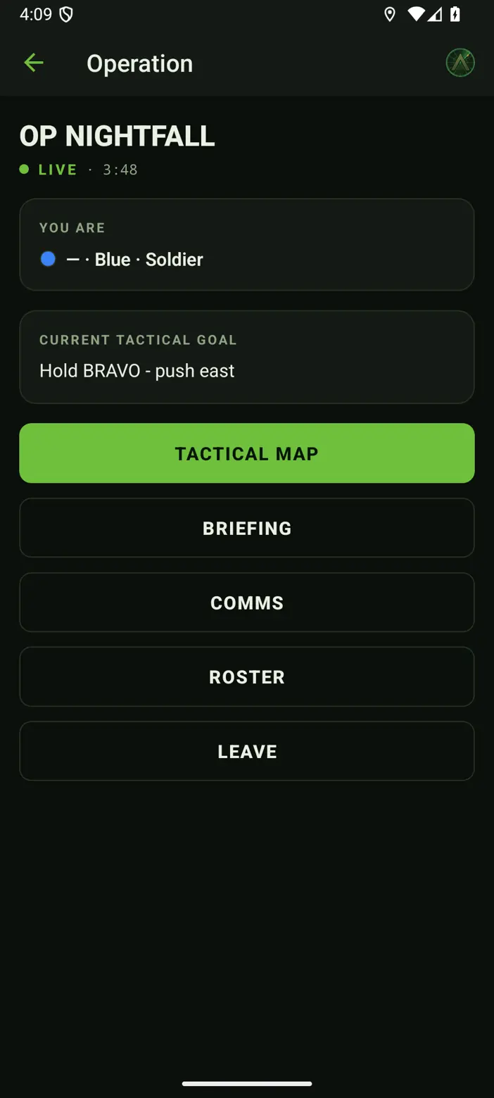 The operation screen while live: op name and timer, your team and role, the current tactical goal, and one button each for map, briefing, comms and roster.