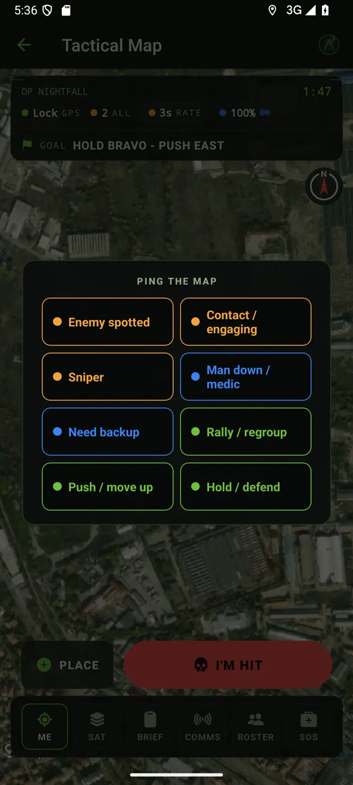 The ping menu, opened by holding a point on the map: enemy spotted, contact, sniper, man down, need backup, rally, push, and hold - each call colour-coded.